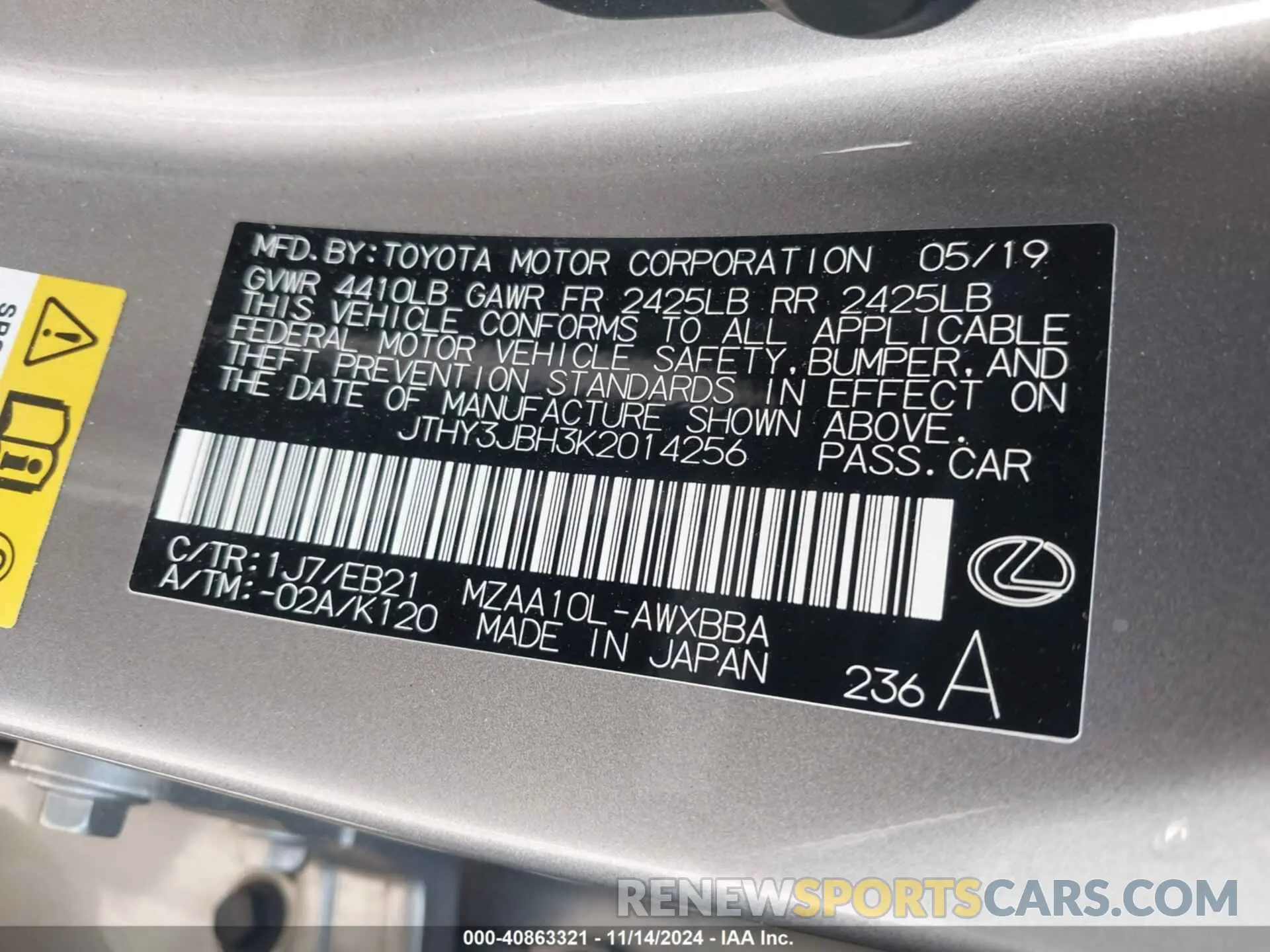 9 Photograph of a damaged car JTHY3JBH3K2014256 LEXUS UX 200 2019