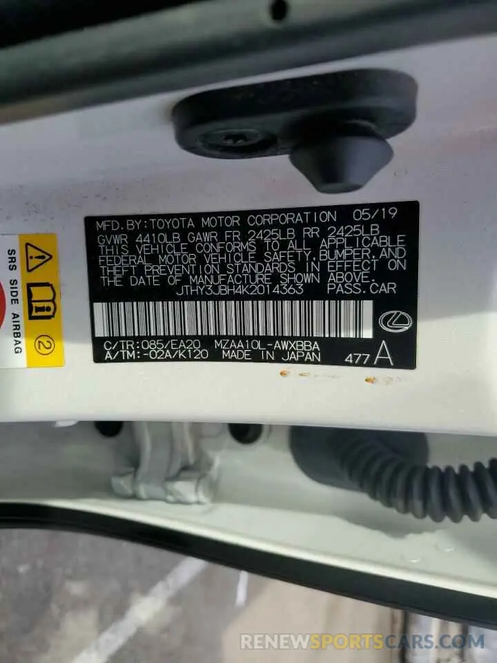 13 Photograph of a damaged car JTHY3JBH4K2014363 LEXUS UX 200 2019