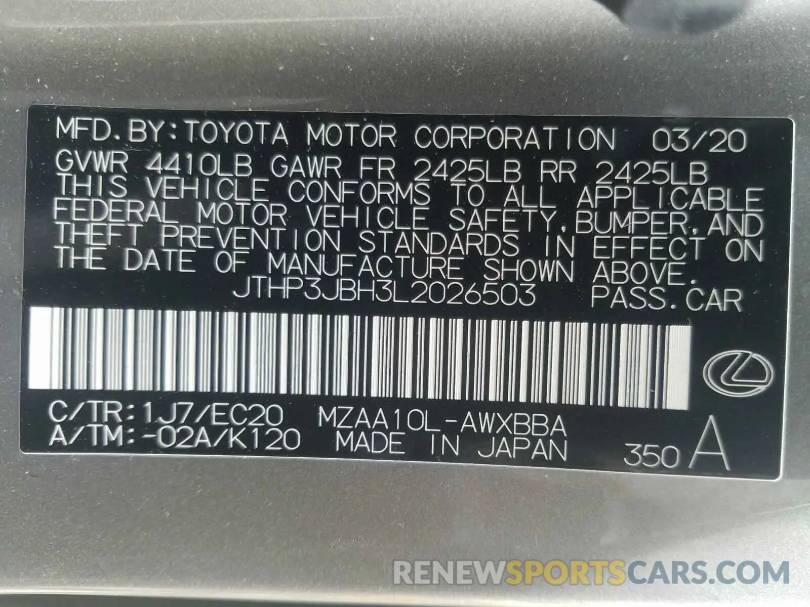 10 Photograph of a damaged car JTHP3JBH3L2026503 LEXUS UX 200 2020