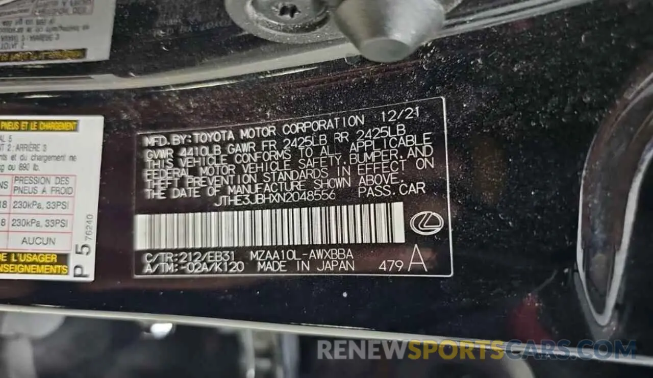 10 Photograph of a damaged car JTHE3JBHXN2048556 LEXUS UX 200 BAS 2022