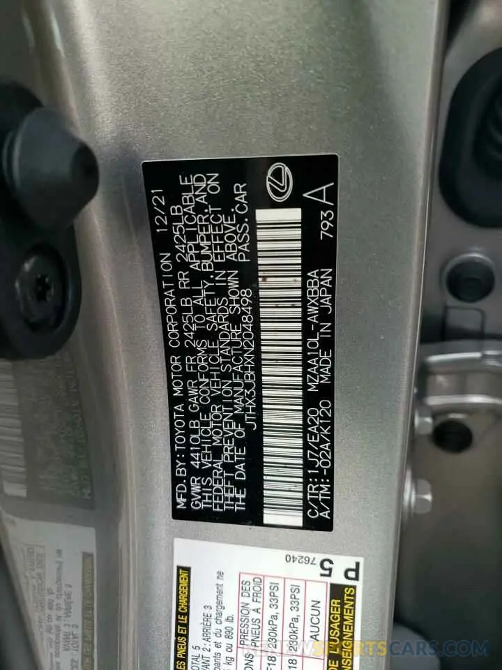 12 Photograph of a damaged car JTHX3JBHXN2048498 LEXUS UX 200 BAS 2022