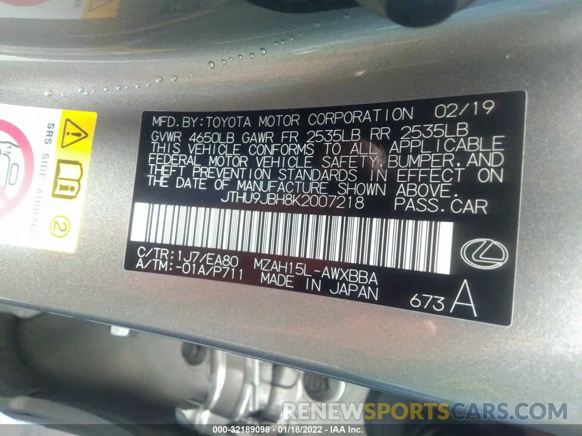 9 Photograph of a damaged car JTHU9JBH8K2007218 LEXUS UX 2019