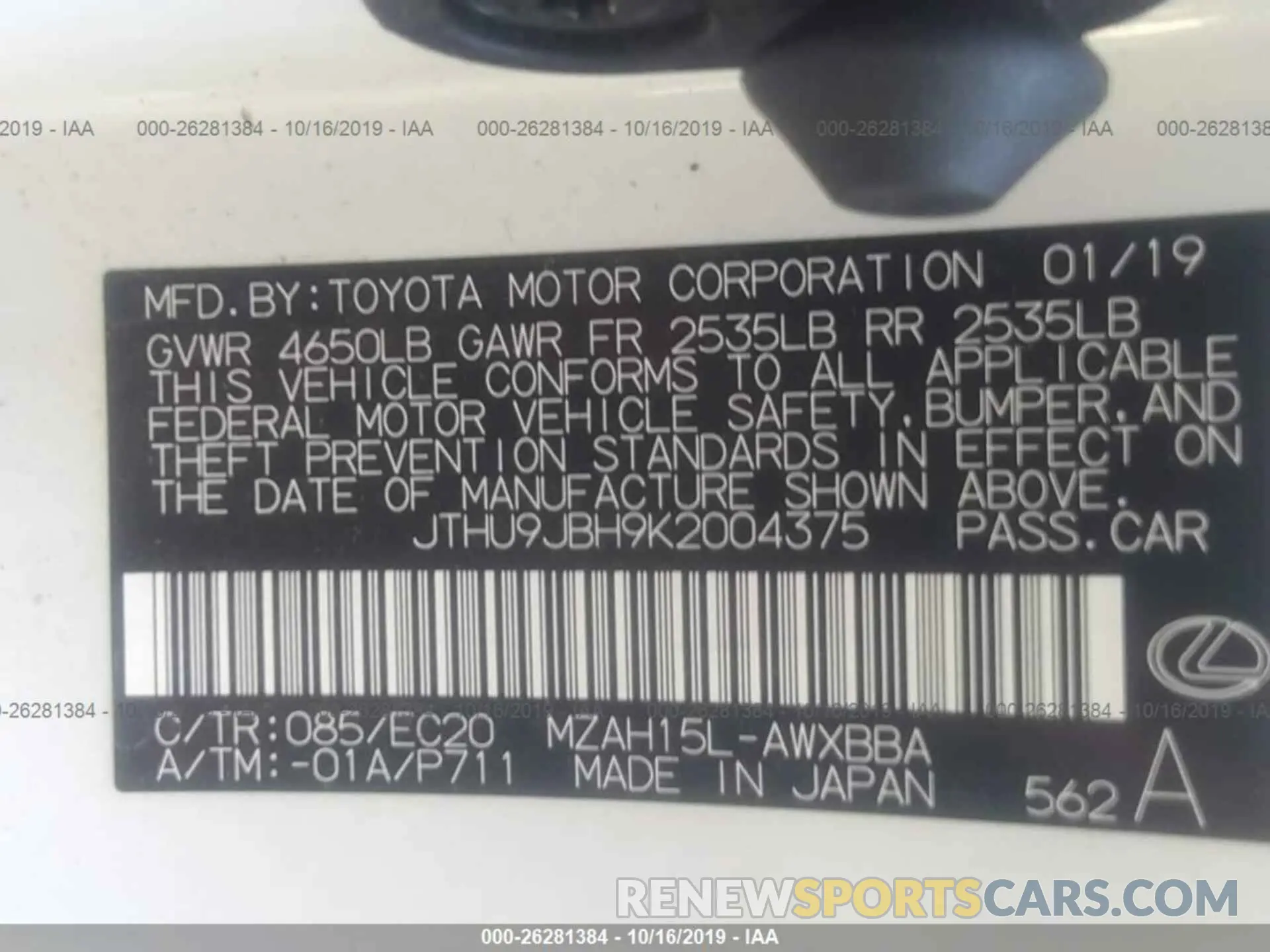 9 Photograph of a damaged car JTHU9JBH9K2004375 LEXUS UX 2019