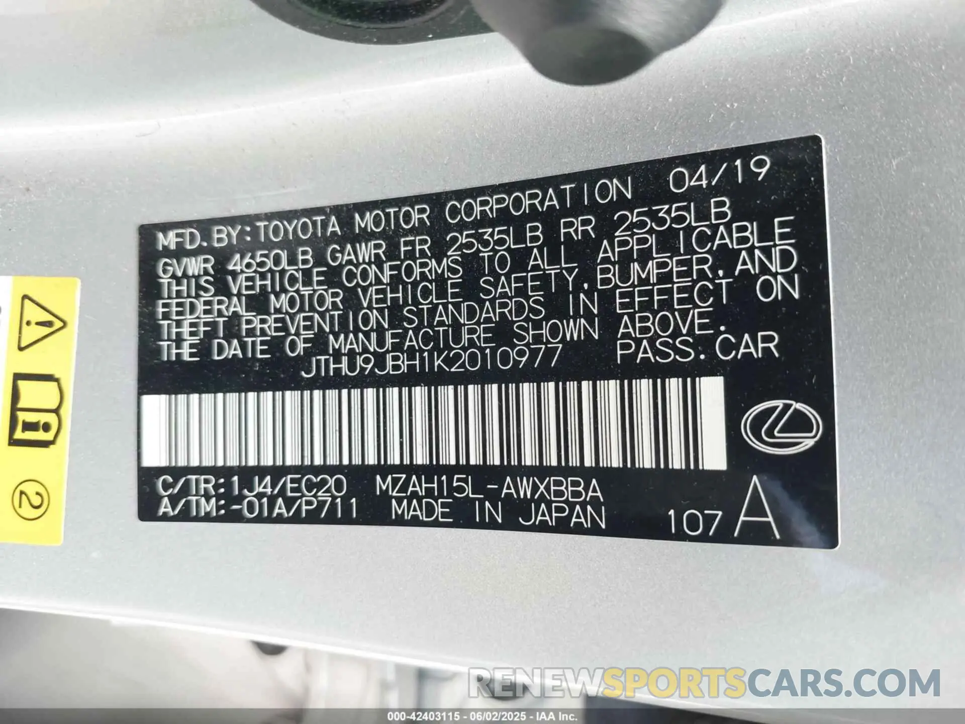 9 Photograph of a damaged car JTHU9JBH1K2010977 LEXUS UX 250H 2019