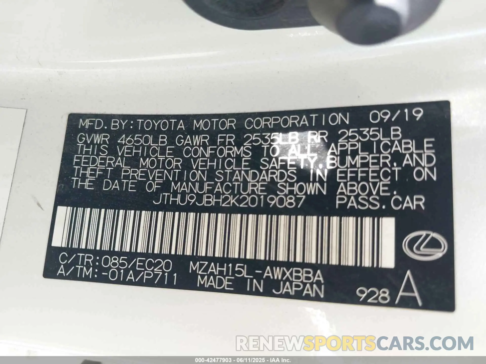9 Photograph of a damaged car JTHU9JBH2K2019087 LEXUS UX 250H 2019