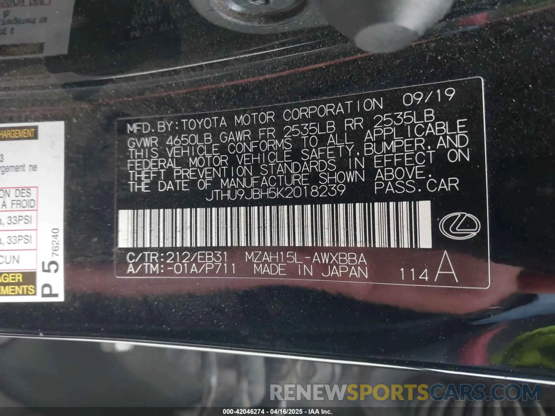9 Photograph of a damaged car JTHU9JBH5K2018239 LEXUS UX 250H 2019