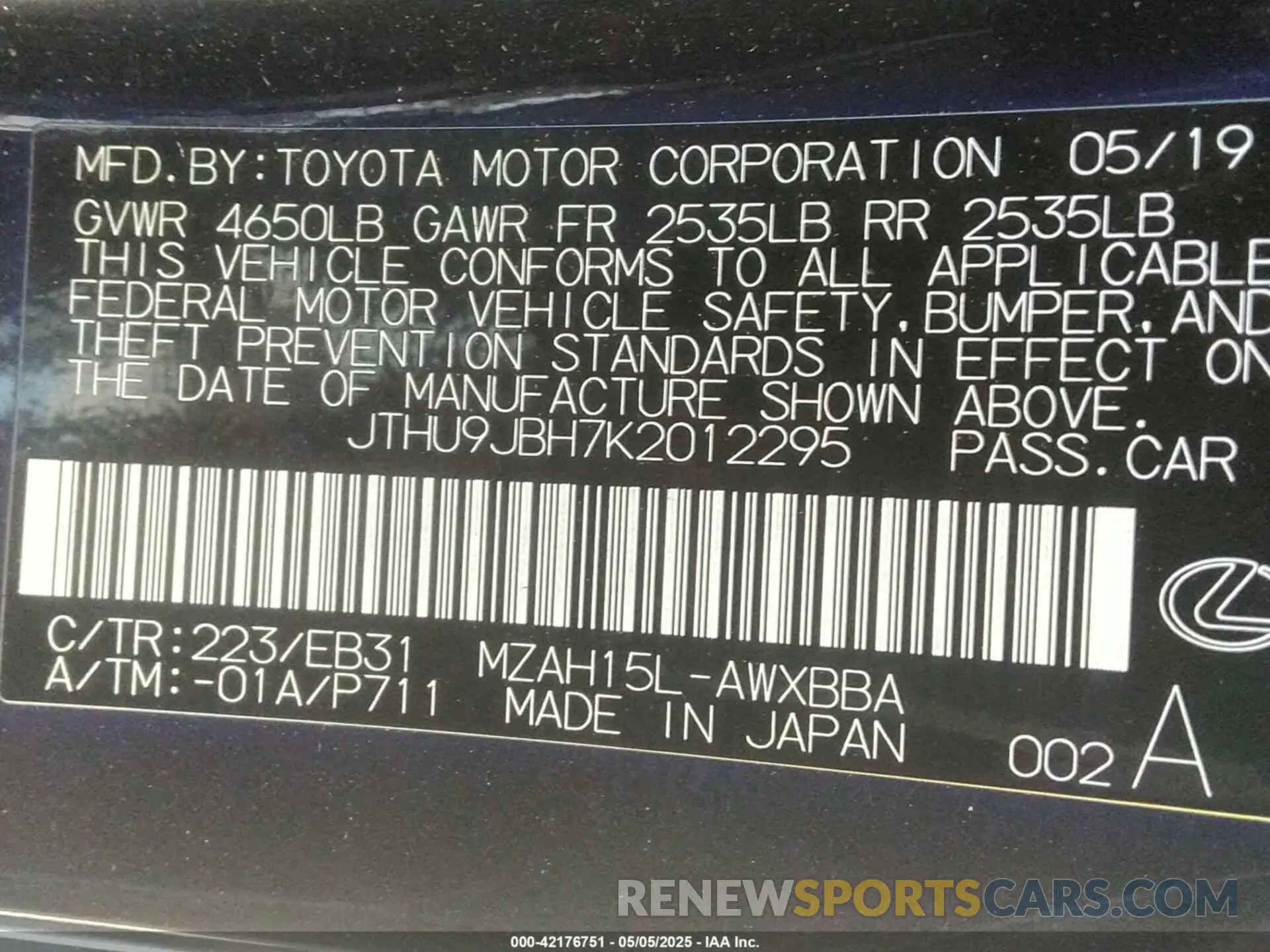 9 Photograph of a damaged car JTHU9JBH7K2012295 LEXUS UX 250H 2019