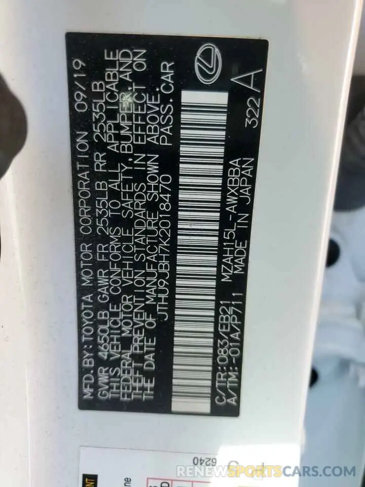 13 Photograph of a damaged car JTHU9JBH7K2018470 LEXUS UX 250H 2019