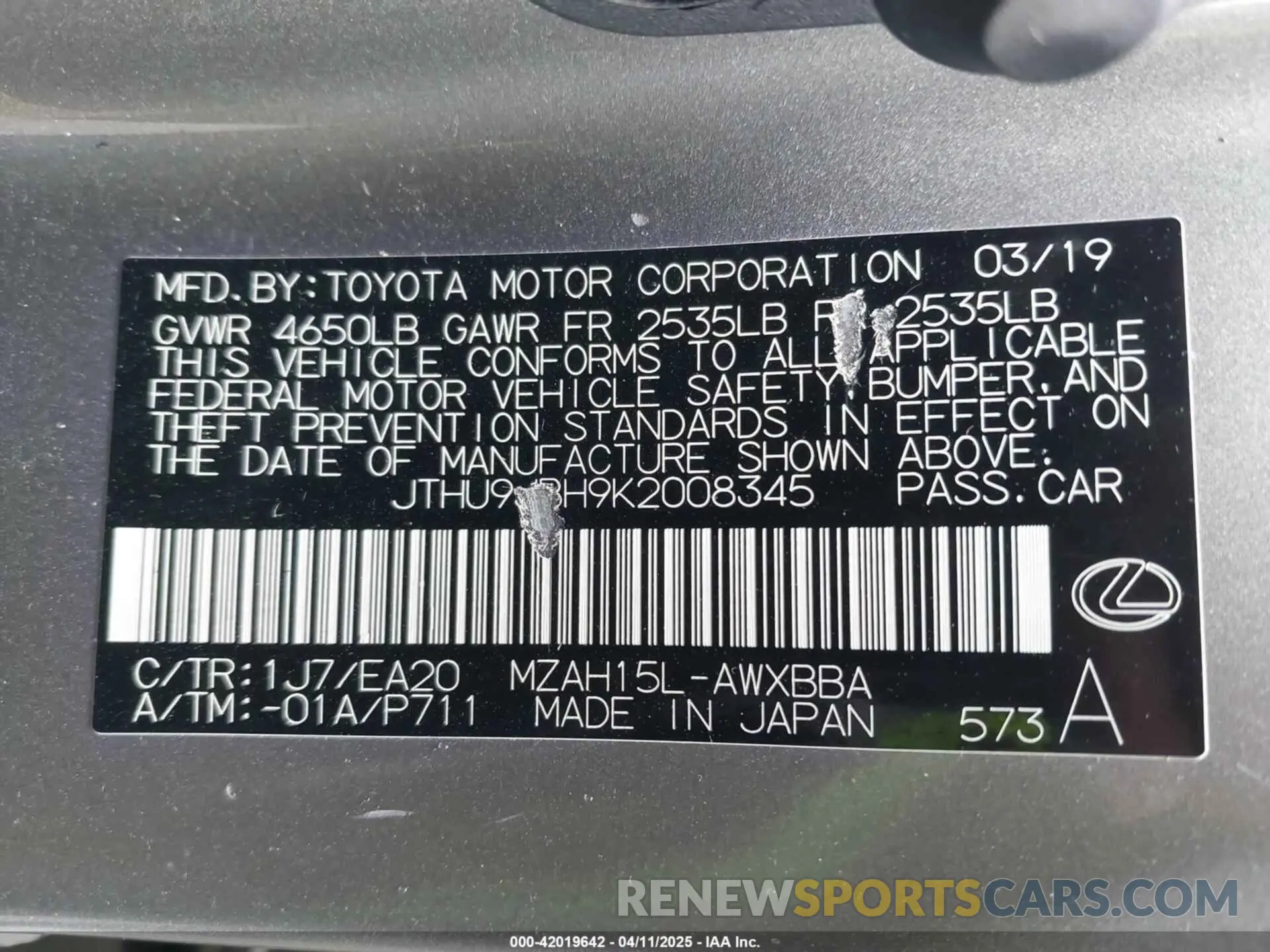 9 Photograph of a damaged car JTHU9JBH9K2008345 LEXUS UX 250H 2019