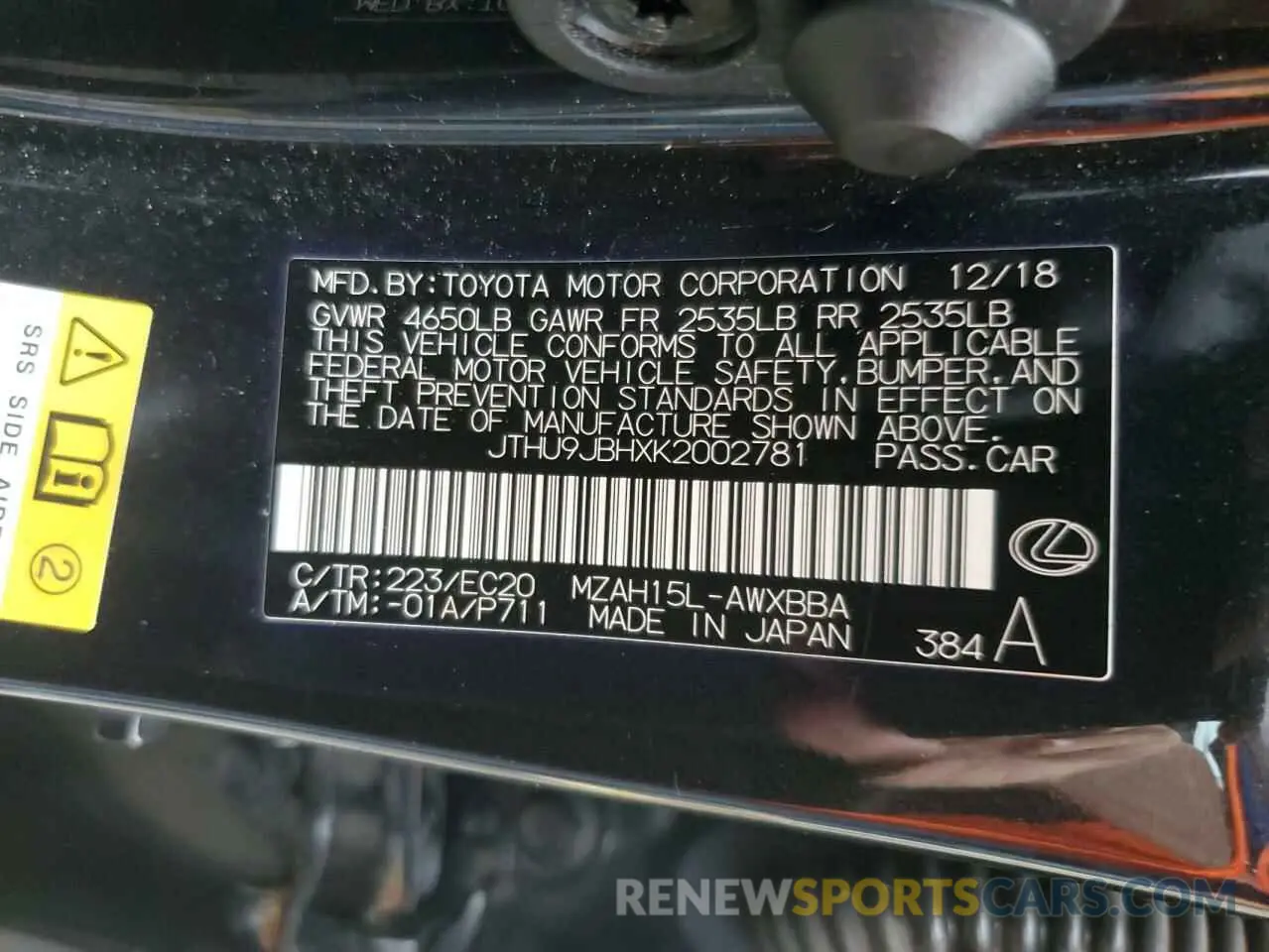 13 Photograph of a damaged car JTHU9JBHXK2002781 LEXUS UX 250H 2019