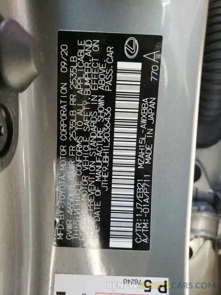 10 Photograph of a damaged car JTHE9JBH1L2036436 LEXUS UX 250H 2020