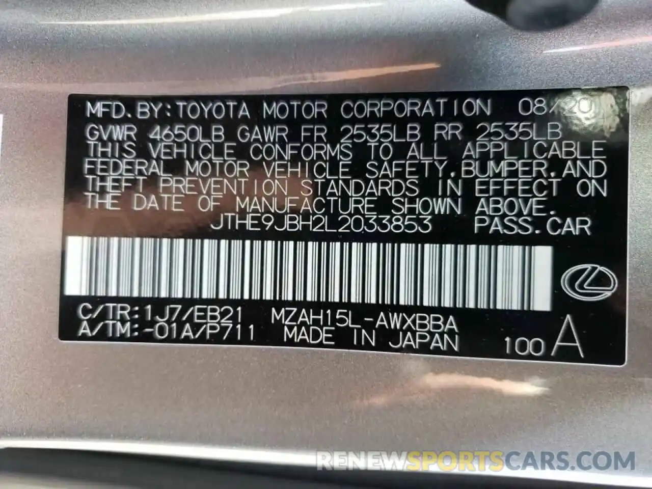 10 Photograph of a damaged car JTHE9JBH2L2033853 LEXUS UX 250H 2020