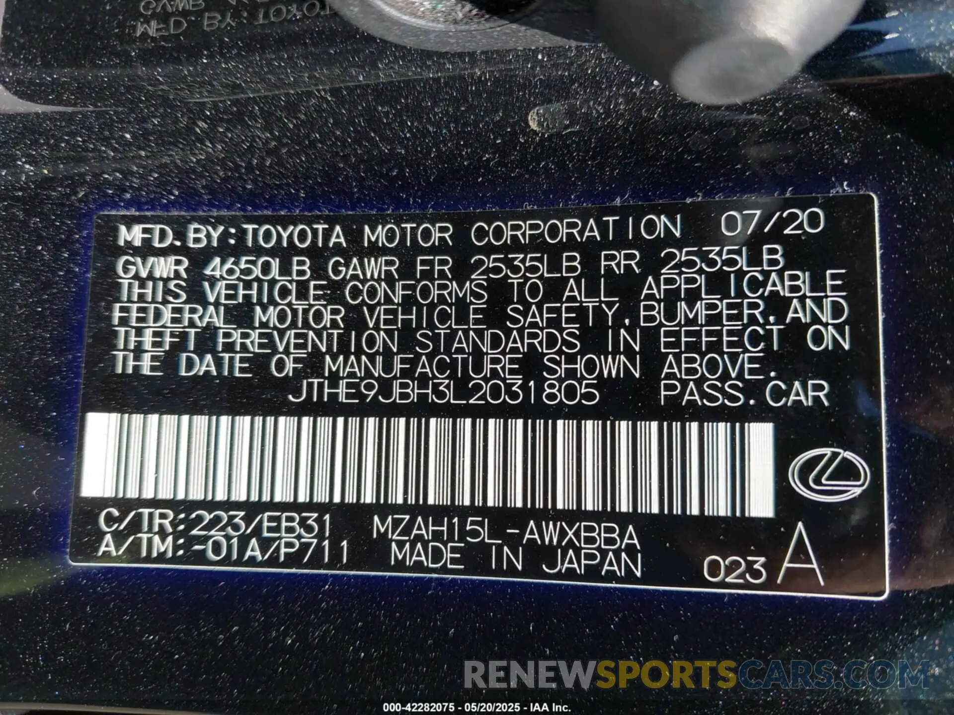 9 Photograph of a damaged car JTHE9JBH3L2031805 LEXUS UX 250H 2020