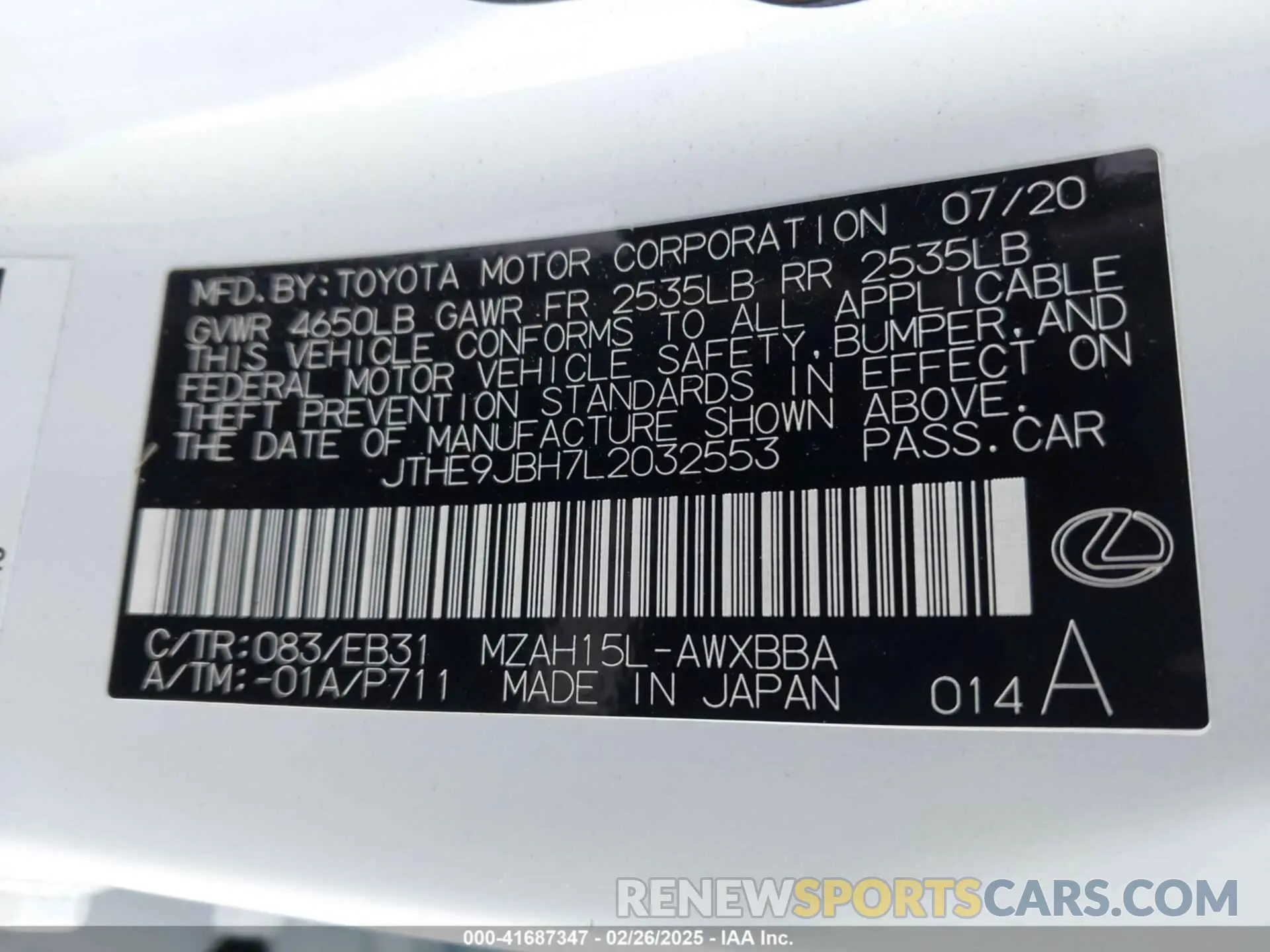 9 Photograph of a damaged car JTHE9JBH7L2032553 LEXUS UX 250H 2020