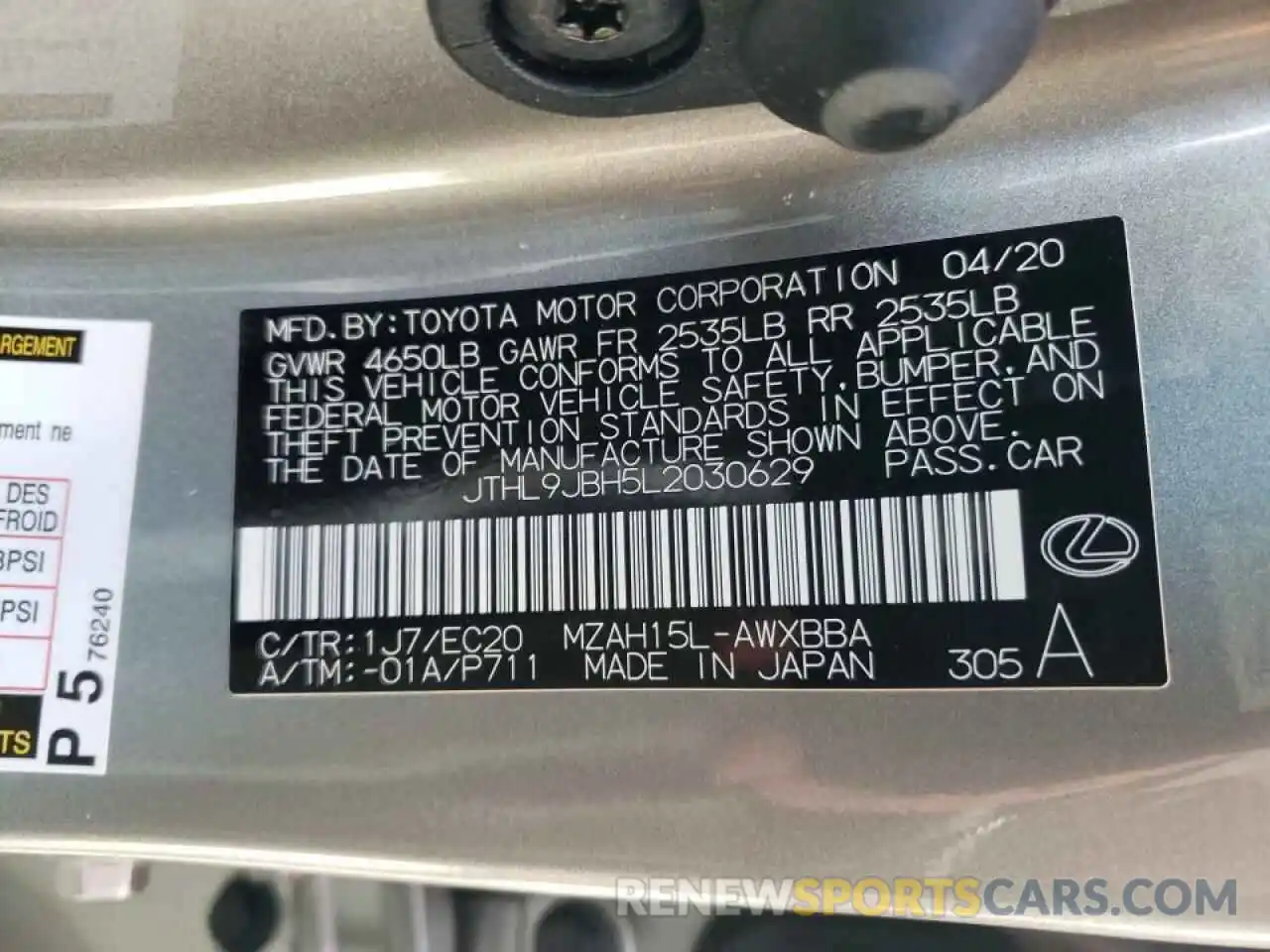 10 Photograph of a damaged car JTHL9JBH5L2030629 LEXUS UX 250H 2020