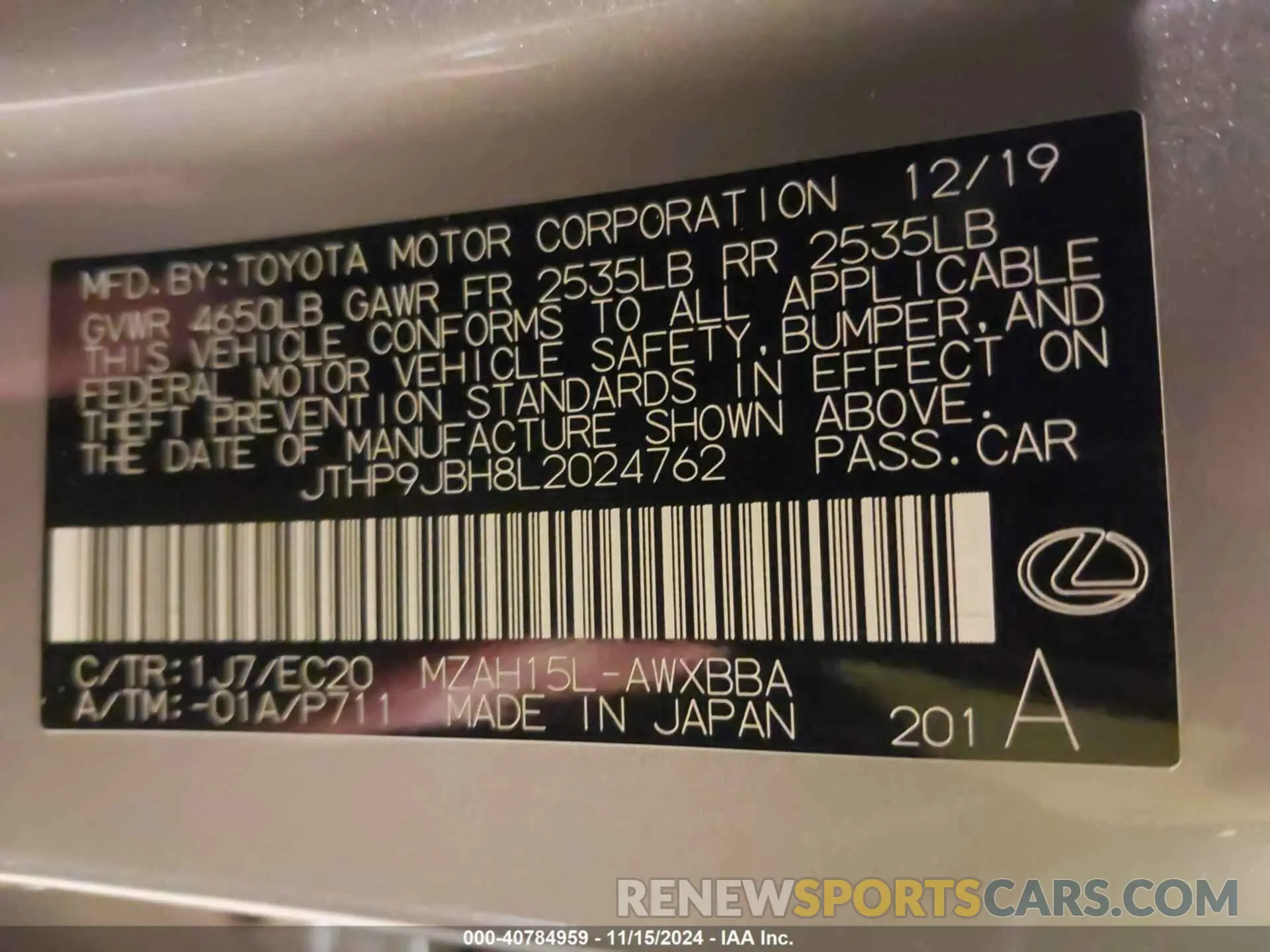 9 Photograph of a damaged car JTHP9JBH8L2024762 LEXUS UX 250H 2020