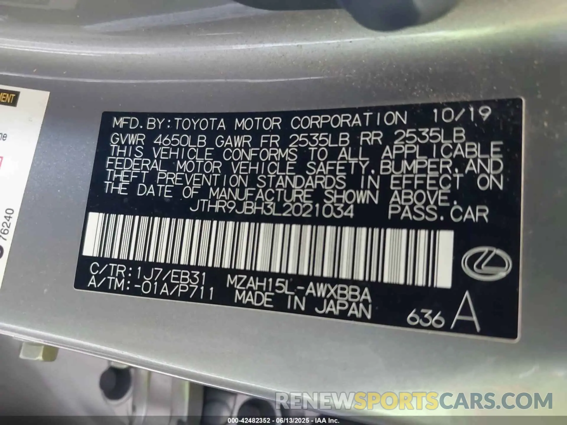 9 Photograph of a damaged car JTHR9JBH3L2021034 LEXUS UX 250H 2020