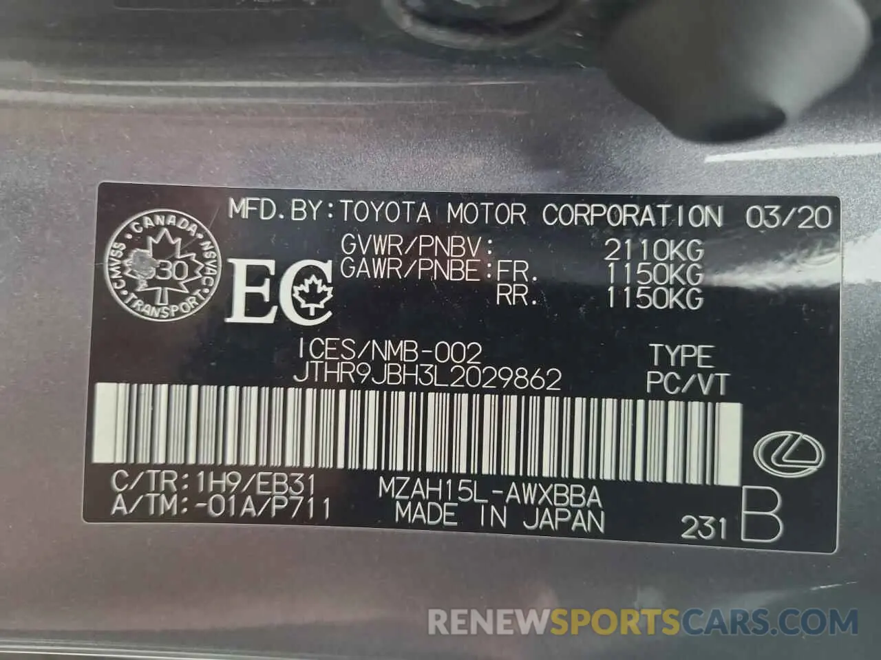 10 Photograph of a damaged car JTHR9JBH3L2029862 LEXUS UX 250H 2020