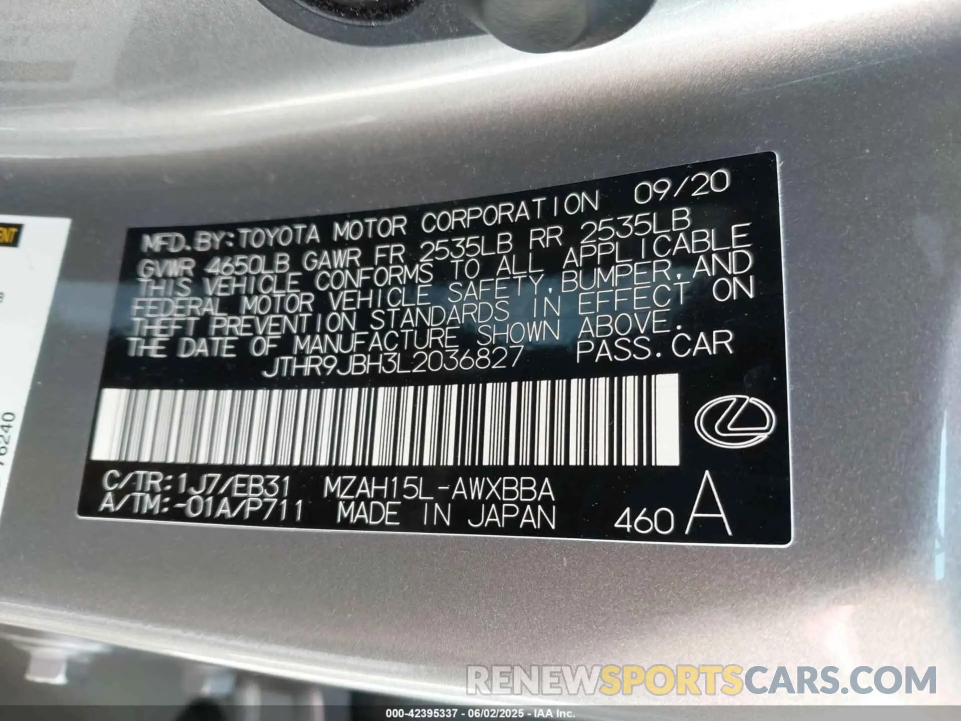 9 Photograph of a damaged car JTHR9JBH3L2036827 LEXUS UX 250H 2020
