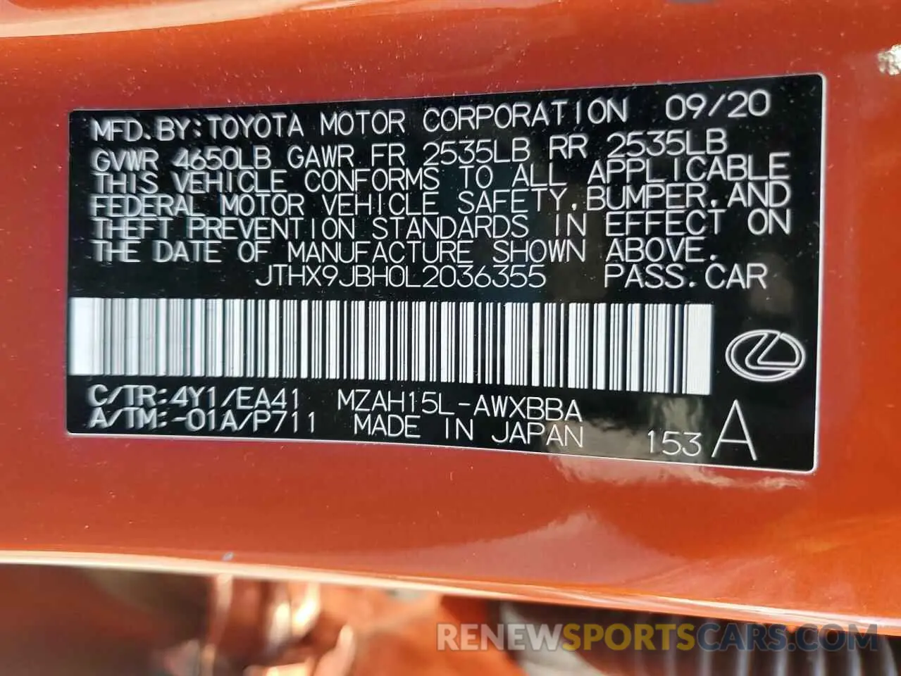 12 Photograph of a damaged car JTHX9JBH0L2036355 LEXUS UX 250H 2020