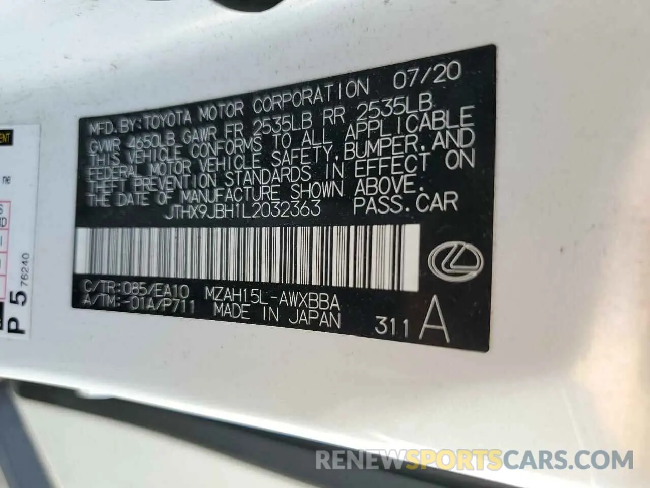 13 Photograph of a damaged car JTHX9JBH1L2032363 LEXUS UX 250H 2020
