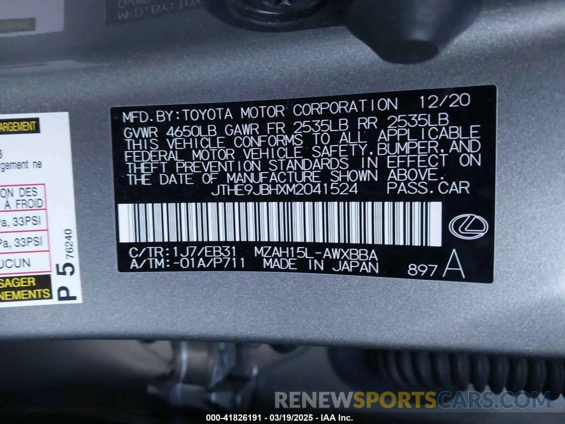 9 Photograph of a damaged car JTHE9JBHXM2041524 LEXUS UX 250H 2021