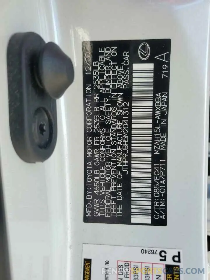 13 Photograph of a damaged car JTHP9JBH5M2041312 LEXUS UX 250H 2021