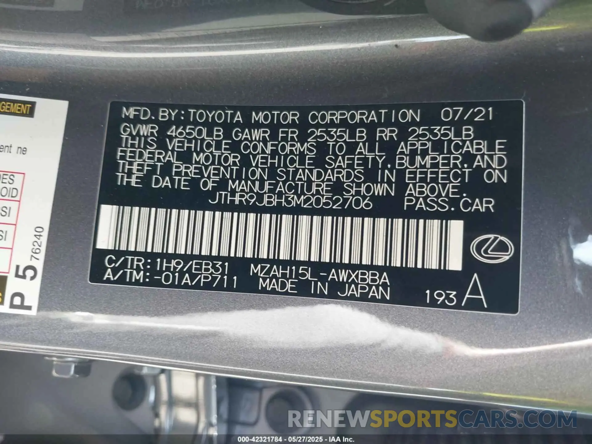 9 Photograph of a damaged car JTHR9JBH3M2052706 LEXUS UX 250H 2021