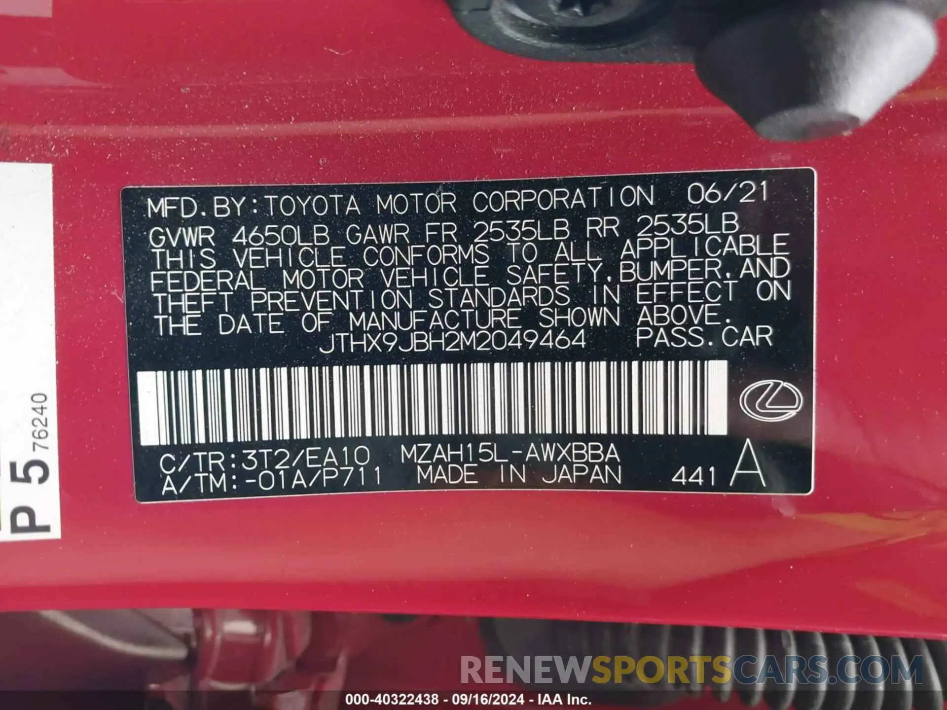 9 Photograph of a damaged car JTHX9JBH2M2049464 LEXUS UX 250H 2021