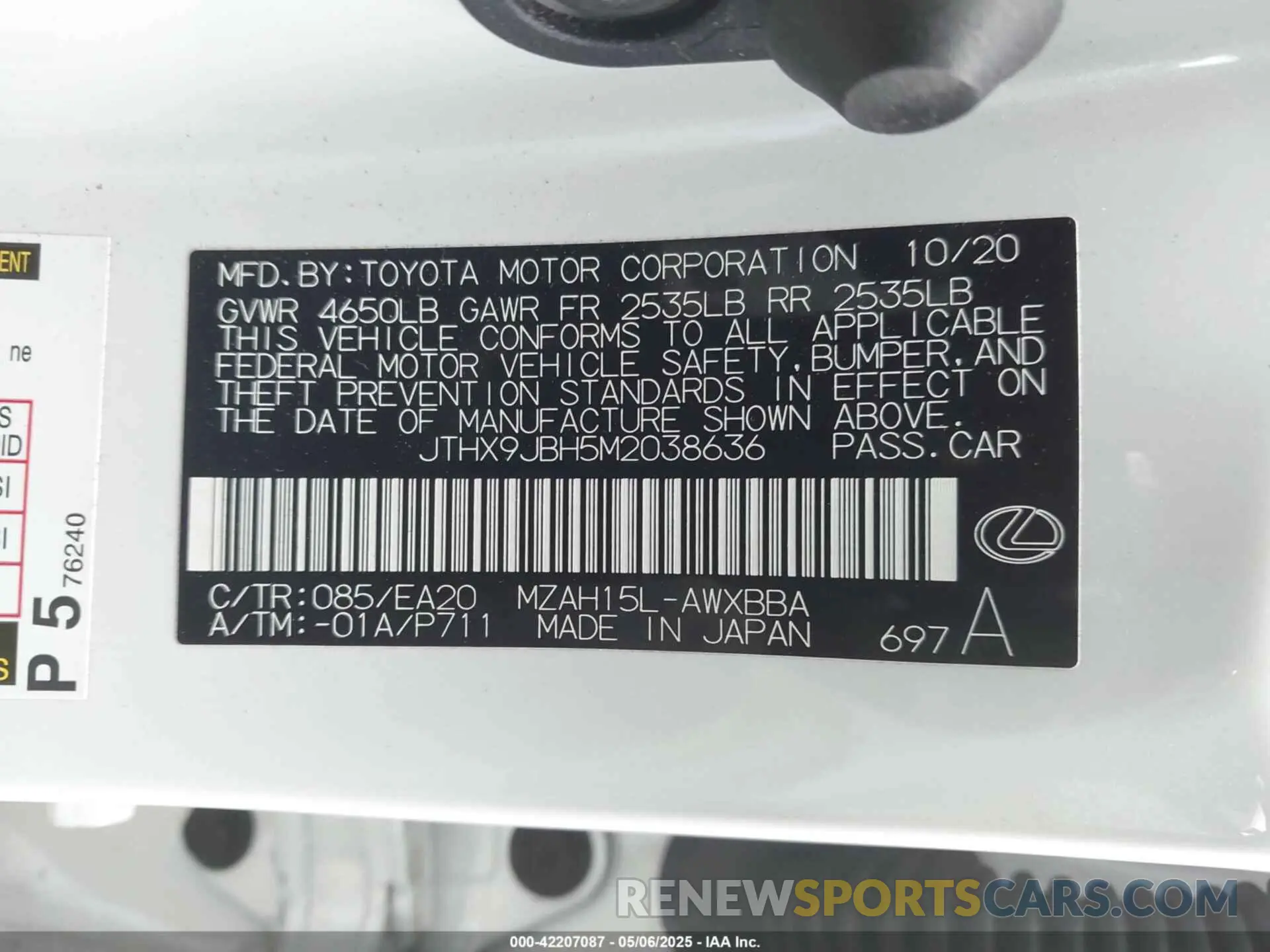 9 Photograph of a damaged car JTHX9JBH5M2038636 LEXUS UX 250H 2021