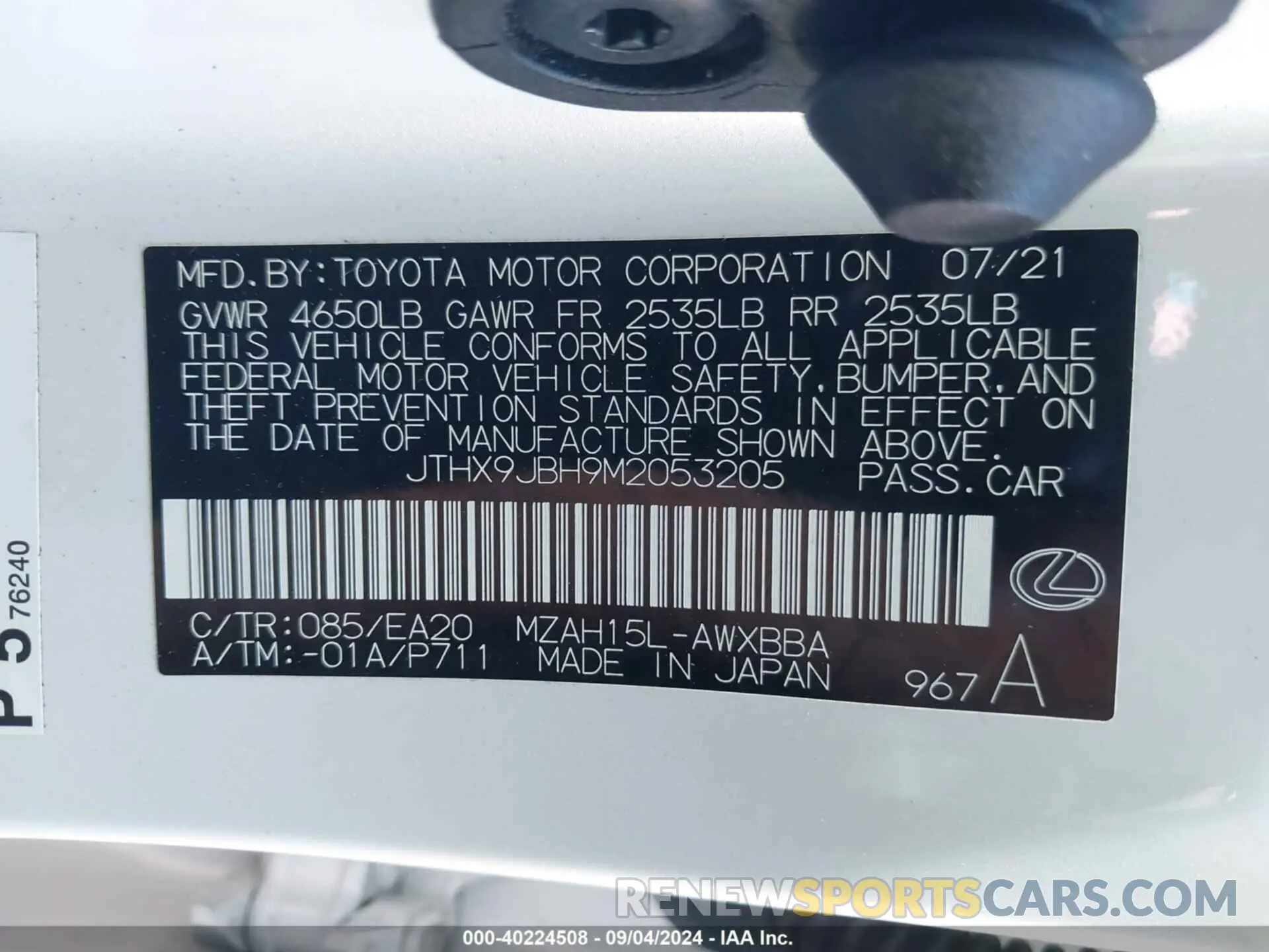 9 Photograph of a damaged car JTHX9JBH9M2053205 LEXUS UX 250H 2021