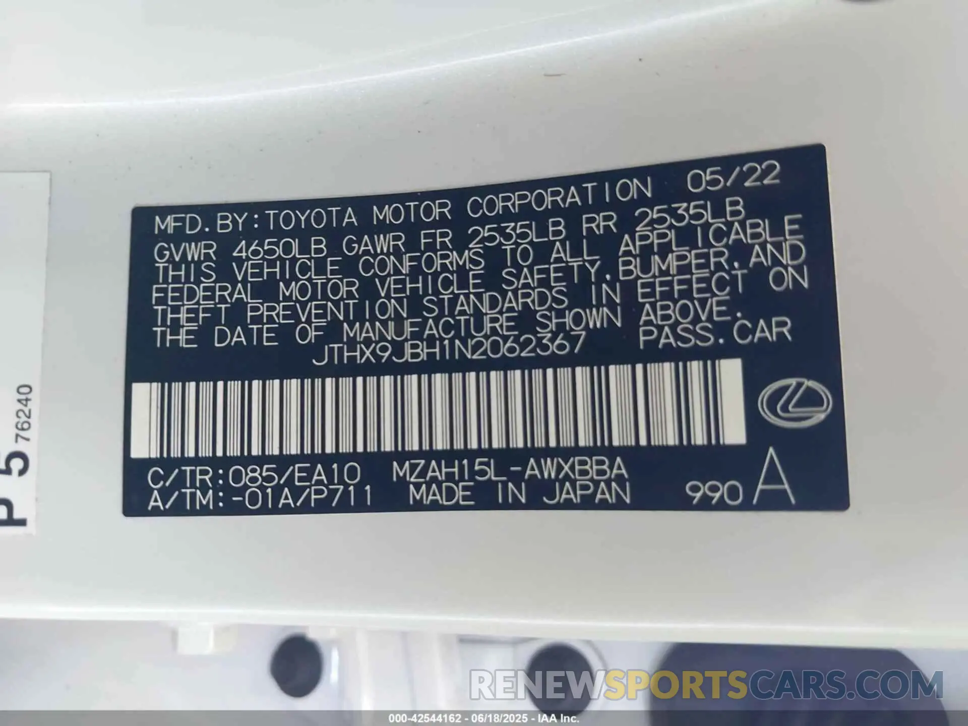 9 Photograph of a damaged car JTHX9JBH1N2062367 LEXUS UX 250H 2022