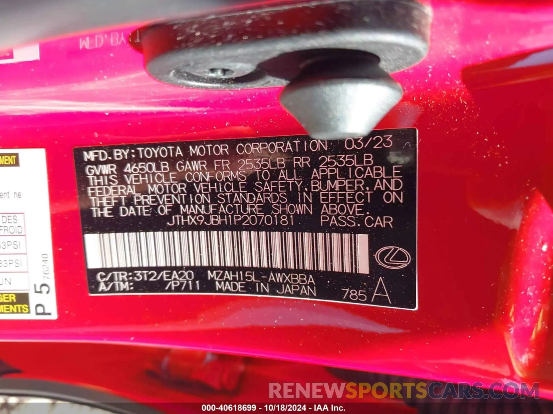 9 Photograph of a damaged car JTHX9JBH1P2070181 LEXUS UX 250H 2023