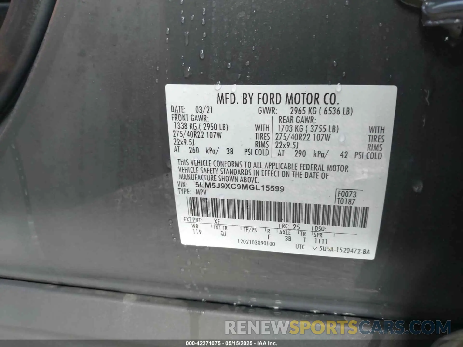 9 Photograph of a damaged car 5LM5J9XC9MGL15599 LINCOLN AVIATOR 2021