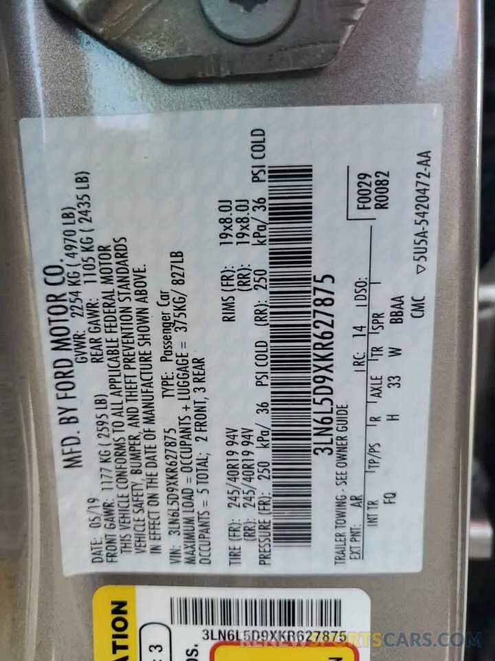 12 Photograph of a damaged car 3LN6L5D9XKR627875 LINCOLN MKZ 2019