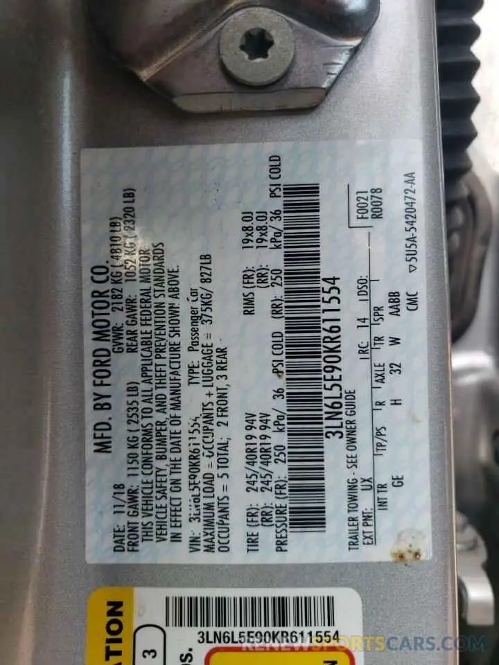 13 Photograph of a damaged car 3LN6L5E90KR611554 LINCOLN MKZ 2019