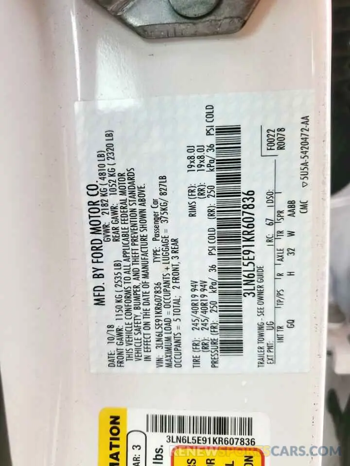 12 Photograph of a damaged car 3LN6L5E91KR607836 LINCOLN MKZ 2019