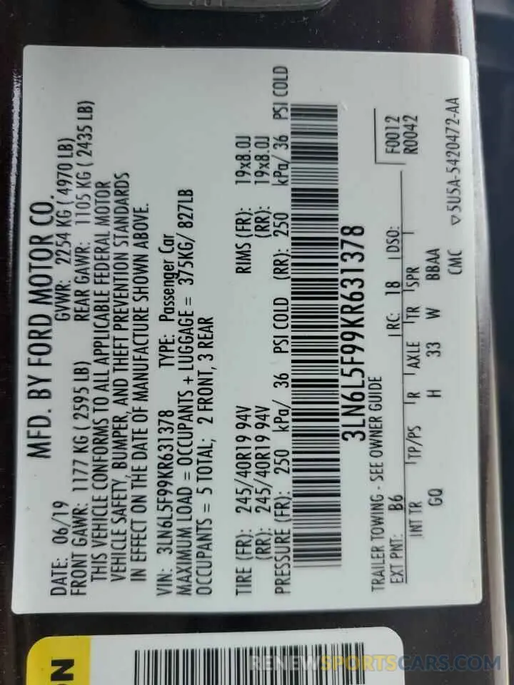 13 Photograph of a damaged car 3LN6L5F99KR631378 LINCOLN MKZ 2019