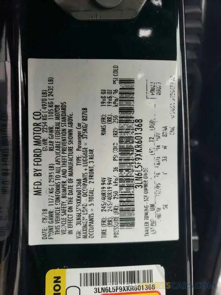 12 Photograph of a damaged car 3LN6L5F9XKR601368 LINCOLN MKZ 2019