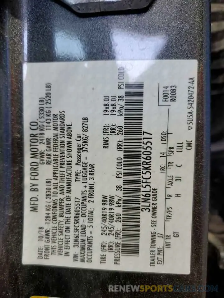 12 Photograph of a damaged car 3LN6L5FC5KR605517 LINCOLN MKZ 2019