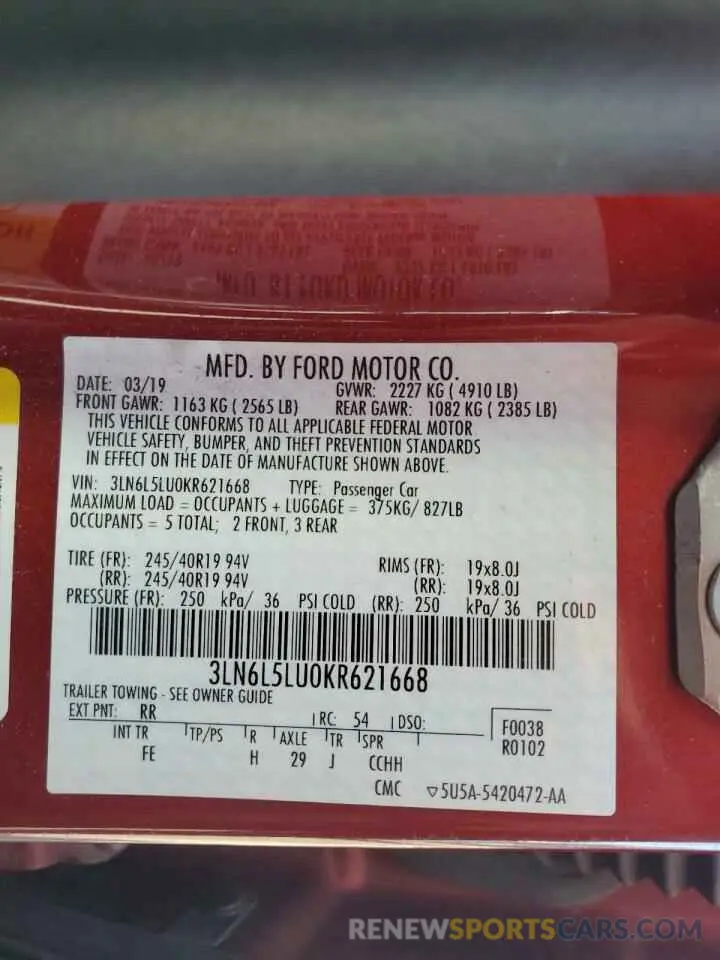 12 Photograph of a damaged car 3LN6L5LU0KR621668 LINCOLN MKZ 2019
