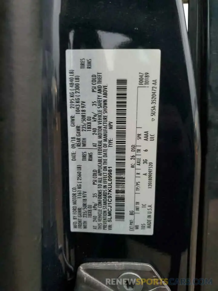 13 Photograph of a damaged car 5LMCJ1C97KUL09981 LINCOLN MKZ 2019