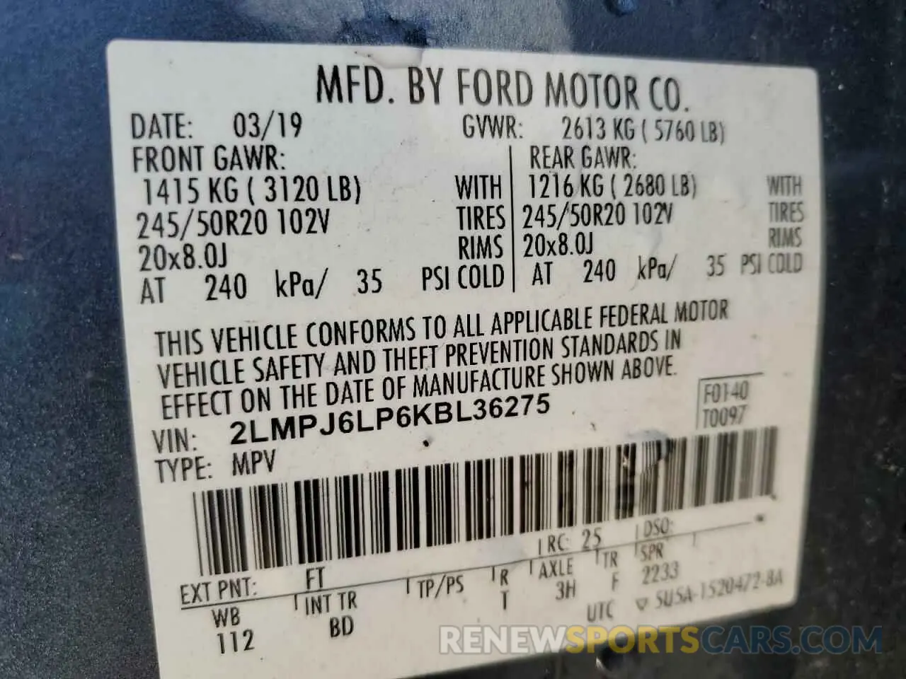 13 Photograph of a damaged car 2LMPJ6LP6KBL36275 LINCOLN NAUTILUS 2019