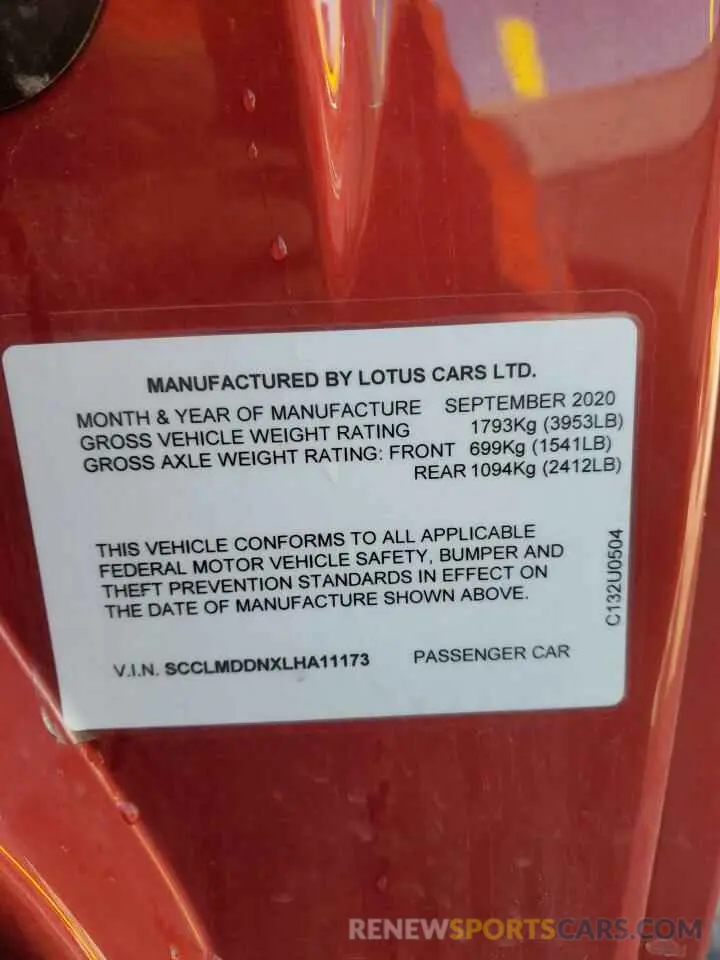 12 Photograph of a damaged car SCCLMDDNXLHA11173 LOTUS ALL MODELS 2020