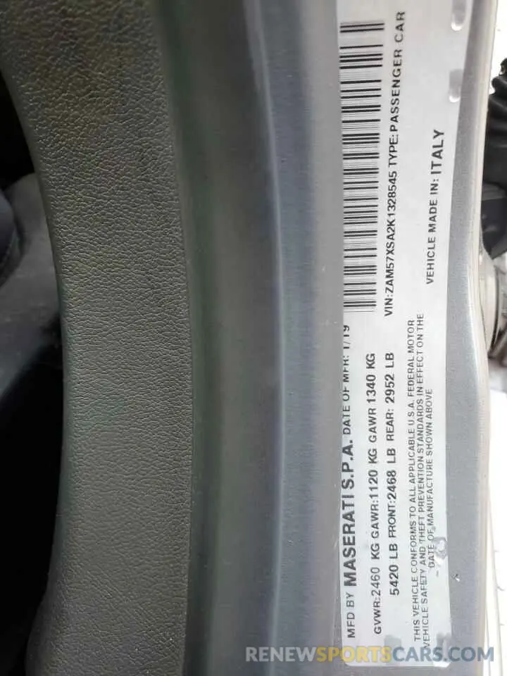 12 Photograph of a damaged car ZAM57XSA2K1328545 MASERATI ALL MODELS 2019