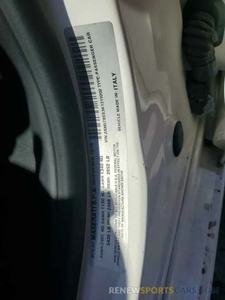 12 Photograph of a damaged car ZAM57XSS3K1319202 MASERATI ALL MODELS 2019
