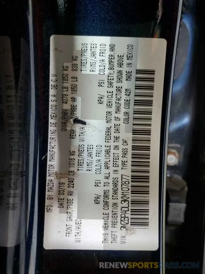 12 Photograph of a damaged car 3MZBPADL3KM107877 MAZDA 3 2019