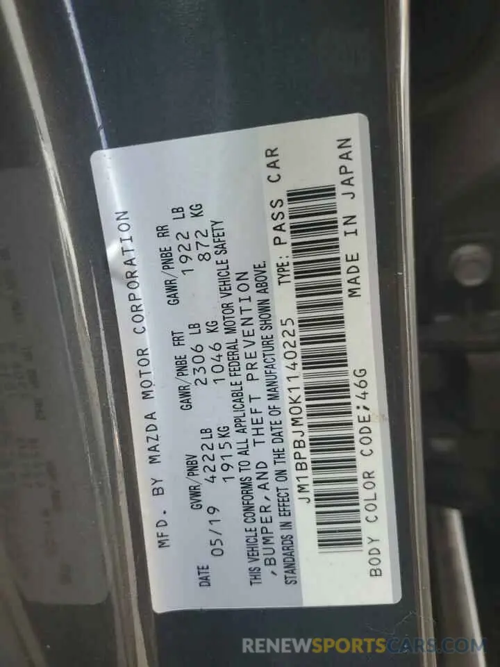12 Photograph of a damaged car JM1BPBJM0K1140225 MAZDA 3 2019