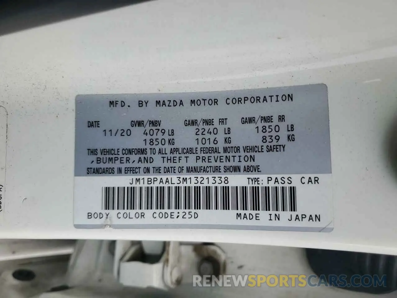 12 Photograph of a damaged car JM1BPAAL3M1321338 MAZDA 3 2021