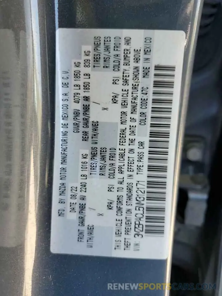 13 Photograph of a damaged car 3MZBPACL5NM312171 MAZDA 3 2022